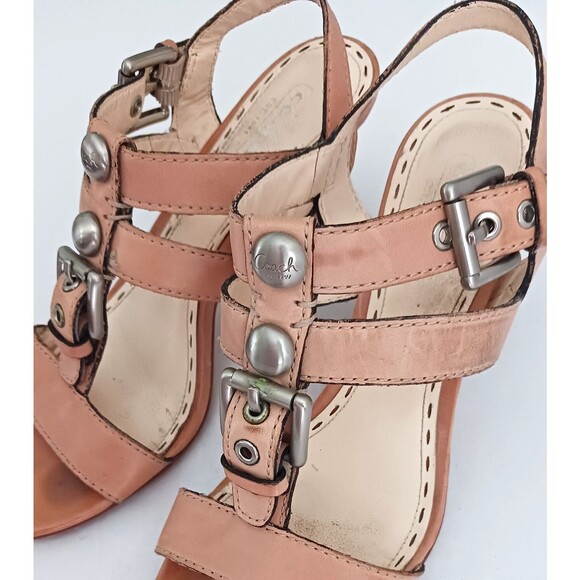 Coach T Strap Tan Leather Sandals Silver Buckle Studs Wood Stiletto Heel Sz 6.5 - Picture 4 of 10